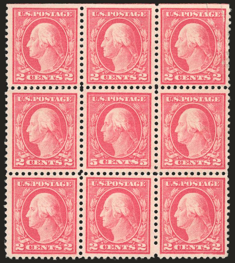 5c Rose, Error (505).> Single error in block of nine, error Mint N.H., side 2c stamps h.r., top right 2c stamp defective, the error is an Extremely Fine Gem (potentially a Superb 98)