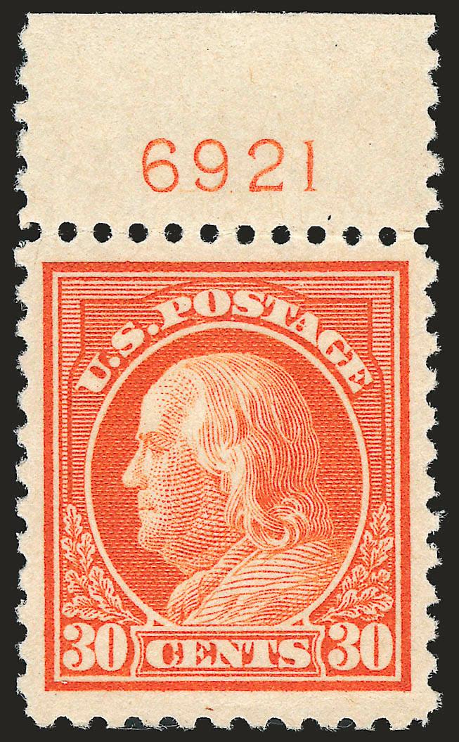 30c Orange Red (516).> Mint N.H. with <plate no. 6921 at top,> vibrant color, beautiful centering with wide margins, some perf separations at top, Extremely Fine