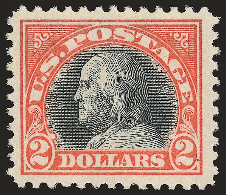 $2.00 Orange Red & Black (523).> Unused (regummed), wide margins, rich color, trivial natural inclusion at top left, Very Fine, with 1985 P.F. certificate (as original gum)