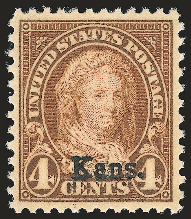 4c Kans. Ovpt. (662).> Mint N.H., deep rich color which is stunning, unusually choice centering with wide and balanced margins, post-office fresh, Extremely Fine Gem, a superb stamp in every respect, with 2007
P.S.E. certificate (Superb 98 SMQ $1,45
