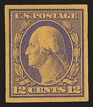 12c Violet, Die Essay on Orange Yellow Wove (338-E1e).> Large margins, intense colors, Very Fine and choice example of this rare essay
