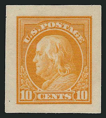 10c Orange Yellow, Panama-Pacific Small Die Proof on Wove (416P2a).> Large margins, vibrant color, unusual offset on back, light corner crease at bottom left, Very Fine appearance, scarce as only 3-5 were
produced