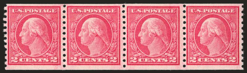 2c Carmine Rose, Ty. I, Coil (453).> Strip of four, end stamps Mint N.H., center pair lightly hinged, Fine-Very Fine