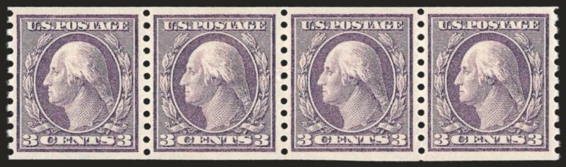 3c Violet, Coil (456).> Strip of four, center pair lightly hinged, end stamps Mint N.H., lovely color, Extremely Fine, with 2007 P.S.E. certificate