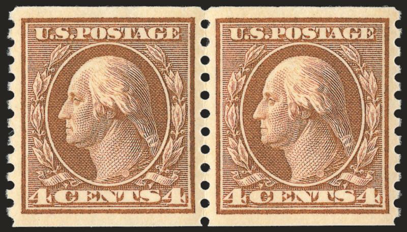 4c Brown, Coil (457).> Mint N.H. pair, essentially perfectly centered, bright color, Extremely Fine Gem, with 2007 P.S.E. certificate (XF-Superb 95 SMQ $470.00)
