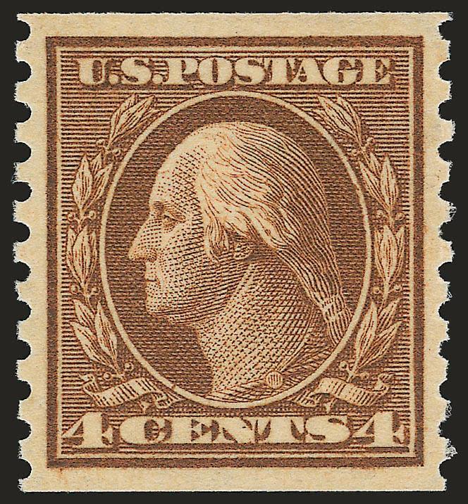 4c Brown, Coil (457).> Mint N.H., balanced wide margins, excellent color and impression, Extremely Fine Gem, a perfect stamp deserving of its perfect grade, with 2007 P.S.E. certificate (Gem 100 SMQ $435.00 for
98, unlisted in the grade of 100)