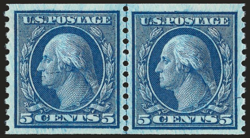 5c Blue, Coil (458).> Mint N.H. joint line pair, well-centered, strong color, Very Fine and choice, with 2007 P.F. certificate (VF-XF 85 SMQ $510.00)