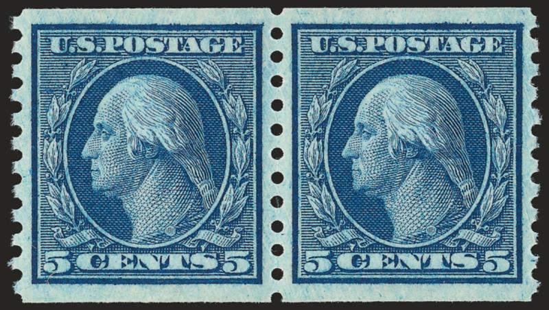 5c Blue, Coil (458).> Mint N.H. pair, uncharacteristically wide margins, deep intense color, Extremely Fine Gem, with 2007 P.S.E. certificate (Superb 98 SMQ $1,050.00), only three Mint N.H. pairs have received
this grade with none graded higher