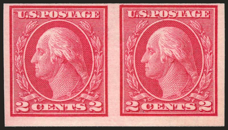 2c Carmine, Ty. I, Imperforate Coil (459).> Mint N.H. pair, faint fingerprint impression on gum, Fine