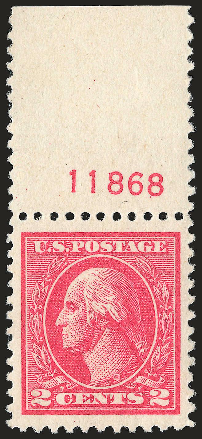 2c Carmine, Ty. Va (528).> Mint N.H. with top <plate no. 11868> selvage, gorgeous Jumbo margins and perfectly centered, lovely bright color, Extremely Fine Gem, with 2007 P.S.E. certificate (XF-Superb 95 Jumbo
SMQ $260.00 for 95, $830.00 for 98)