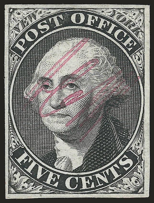 New York N.Y., 5c Black, ACM Initials (9X1).> Unused (no gum), beautiful balanced margins all around, sharp impression, Very Fine and choice, with 2007 P.F. certificate (VF-XF 85 unpriced in SMQ)