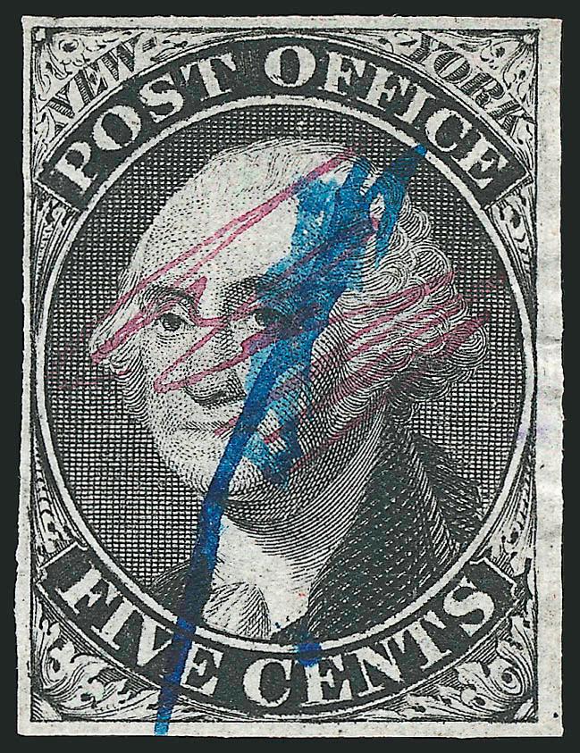 New York N.Y., 5c Black, ACM Initials (9X1).> Position 20, large margins to clear, crisp impression, blue ms. cancel, Very Fine, with 2001 P.S.E. certificate