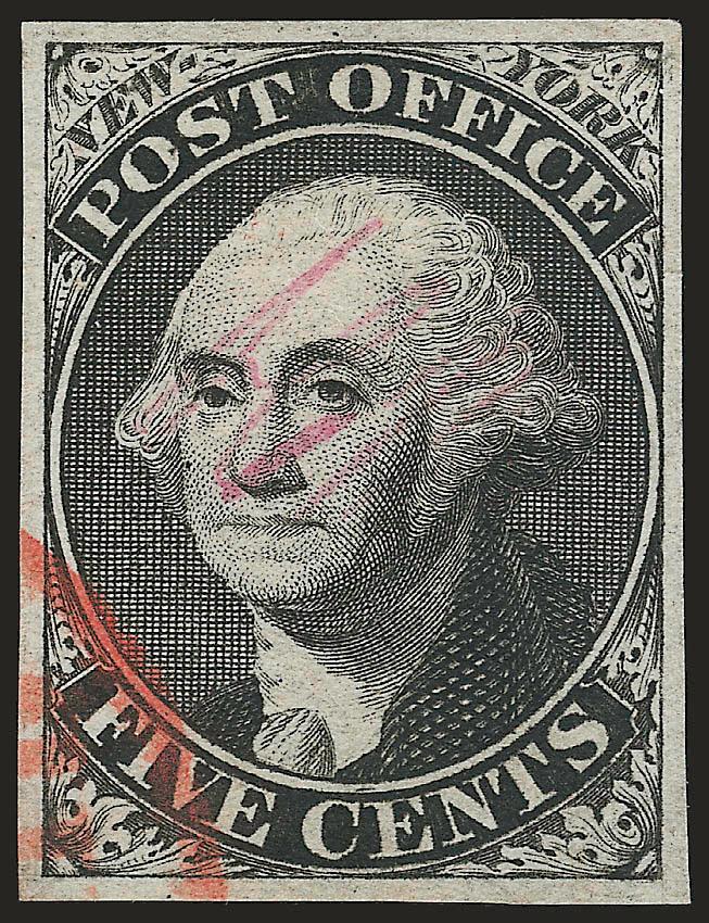 New York N.Y., 5c Black, AC M Initials (9X1a).> Large even margins, face-free strike of red circular datestamp, minute margin crease at right, appears Very Fine
