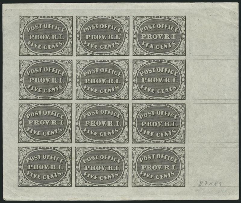 Providence R.I., 5c & 10c Gray Black, Bogert & Durbin First Reprint Sheet of Twelve (10X1-10X2R).> With printing on reverse and printed in 1898 by Livermore & Knight Co., large margins, bright shade, fresh and
Very Fine, only 130 sheets printed