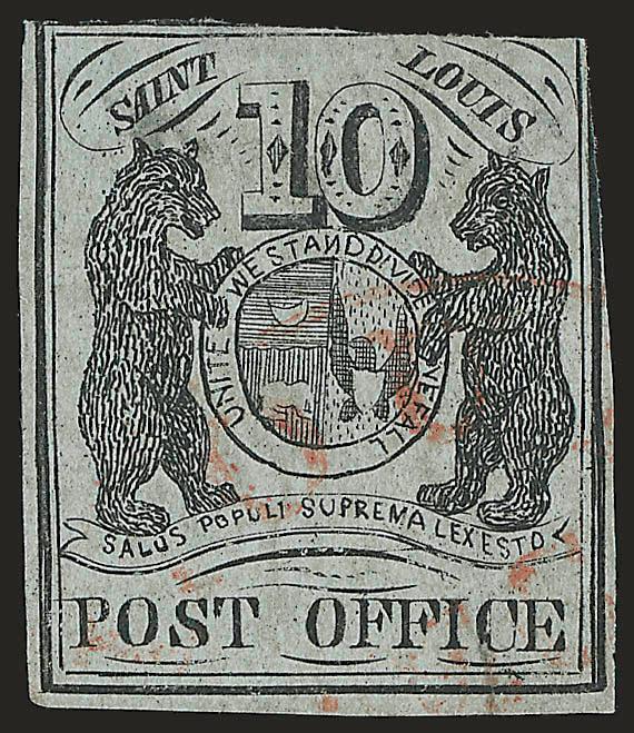 St. Louis Mo., 10c Black on Greenish (11X2).> Type I, Position 2, margins to slightly in, <cancelled solely by red St. Louis circular datestamp,> slight thinning, Very Good appearance