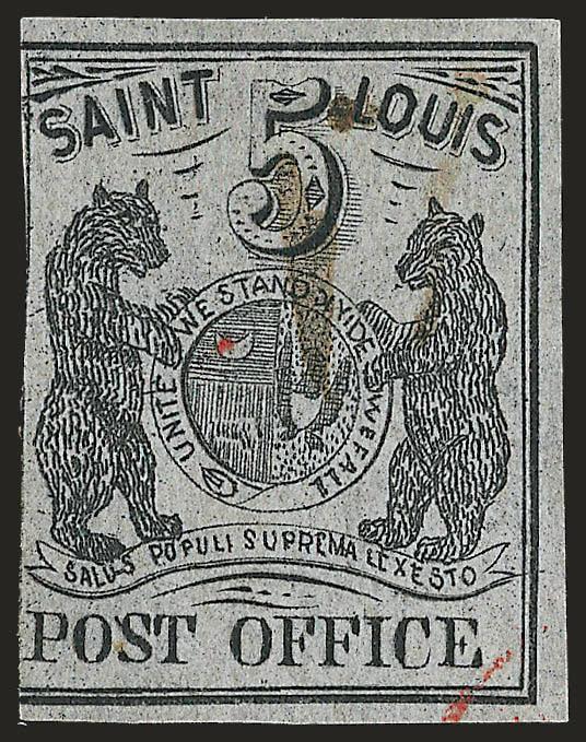 St. Louis Mo., 5c Black on Gray Lilac (11X4).> Type III, Position 5, three large margins, in at left, small ms. cancel and traces of red St. Louis circular datestamp, minute thin speck<><>^VERY GOOD APPEARANCE.
A RARE EXAMPLE OF THE 5-CENT ST. LOUI