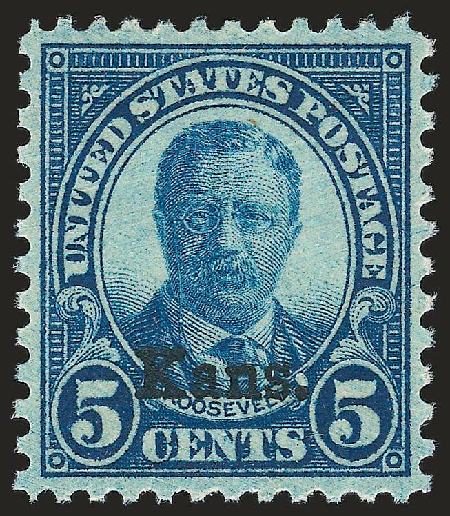5c Kans. Ovpt. (663).> Mint N.H., perfectly centered, fresh and crisp, rich color, Extremely Fine Gem, with 2007 P.S.E. certificate (XF-Superb 95 SMQ $320.00)