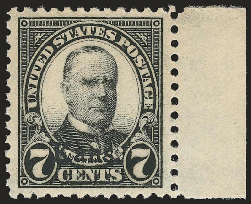 7c Kans. Ovpt. (665).> Mint N.H. with right selvage, Jumbo margins for this typically tightly spaced issue, clear unblemished impression<><>^EXTREMELY FINE GEM. A FABULOUS STAMP WITH A P.S.E. GRADE OF SUPERB 98
JUMBO -- THIS IS THE HIGHEST GRADE AW