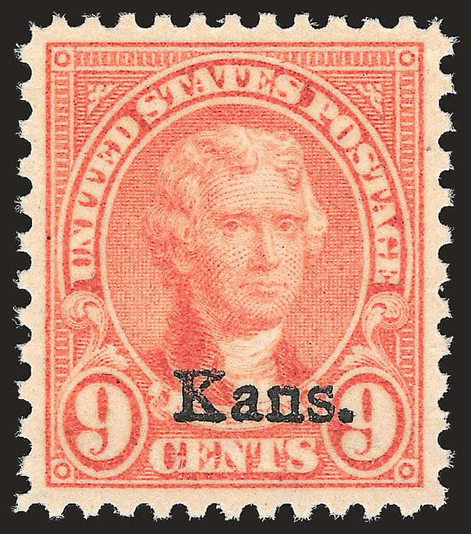 9c Kans. Ovpt. (667).> Mint N.H., remarkably wide margins and precisely centered, bright color and clear impression, Extremely Fine Gem, with 2007 P.S.E. certificate (Superb 98 SMQ $1,200.00), one of only four
9c Kansas stamps to achieve the lofty S