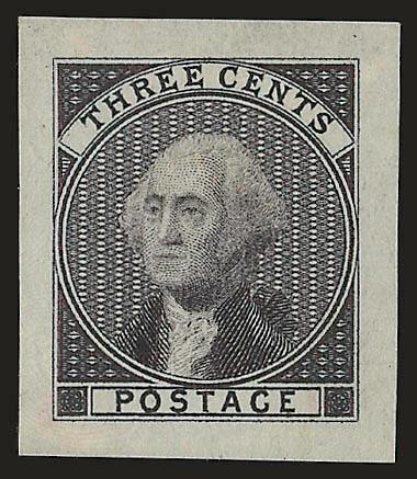 Bradbury, Wilkinson & Co., 3c Violet Black, Die Essay on Stiff Bond (11-E5c).> 25 x 30mm, intense shade and impression, Very Fine and choice, this is only the second we have offered since keeping computerized
records
