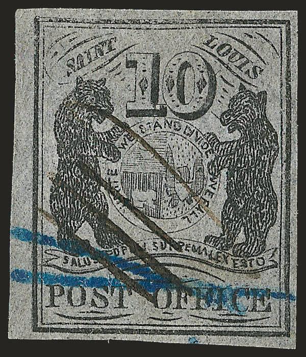 St. Louis Mo., 10c Black on Bluish (11X8).> Type II, Position 4, large margins to full, intense shade and impression, blue and black manuscript cancels, light wrinkles characteristic of pelure paper and not
noted on certificate<><>^VERY FINE. ONE O