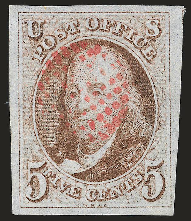 5c Red Brown (1).> Large to huge margins virtually all around, lovely color and clear impression, <unusual fancy red grid of small dots cancel,> Extremely Fine, ex Caspary, Scott Retail for ordinary red
cancel