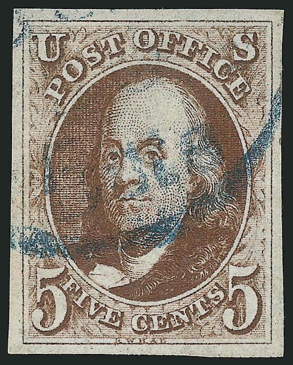 5c Dark Brown (1a).> Large even margins, intense shade and impression, <blue circular datestamp> (Philadelphia), fresh and Extremely Fine, a beautiful stamp, with 1995 P.F. certificate