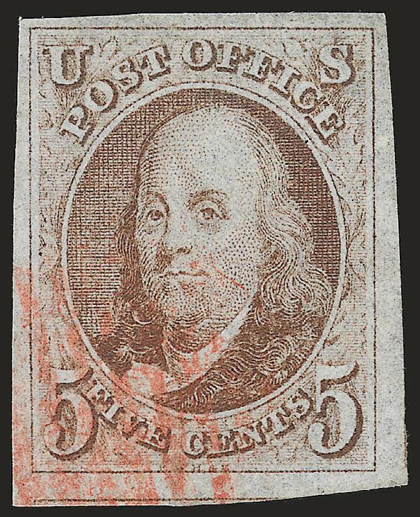 5c Red Brown (1).> Large to huge margins, light red grid cancel, Extremely Fine, with 2007 P.S.E. certificate (XF 90 SMQ $960.00)