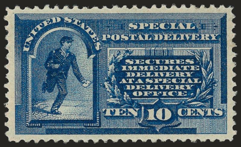 10c Blue, Special Delivery (E1).> Original gum, lightly hinged, lovely margins and unusually well-centered, strong color, Extremely Fine, with 2007 P.S.E. certificate (XF 90 SMQ $840.00), this is a very strong
90