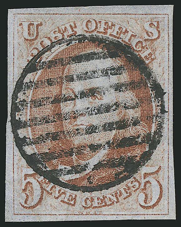 5c Orange Brown (1b).> Ample to large margins, bright shade, bold strike of <black grid> cancel, light diagonal crease at bottom left, appears Very Fine and choice, a pretty stamp, with 2007 P.F.
certificate