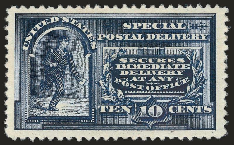 10c Blue, Special Delivery (E4).> Original gum, lightly hinged, uncommonly wide margins and very well-centered, dark color and sharp impression, Extremely Fine, a difficult stamp to find in this choice
condition, with 2007 P.F. certificate