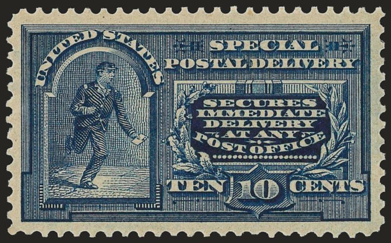 10c Blue, Special Delivery (E5).> Mint N.H., wide margins of near Jumbo proportions, almost perfect centering, clear impression<><>^EXTREMELY FINE GEM. REMARKABLE MARGIN WIDTH AND CENTERING, AND ESPECIALLY
DESIRABLE IN MINT NEVER-HINGED CONDITION.^