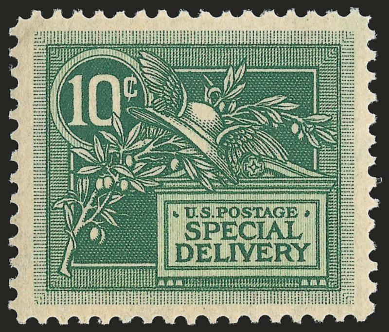 10c Green, Special Delivery (E7).> Mint N.H., generous wide margins and very well-centered, attractive color, Extremely Fine, with 2007 P.S.E. certificate (XF 90 SMQ $350.00)