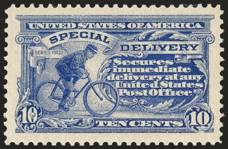 10c Ultramarine, Special Delivery (E8).> Mint N.H., bright color and crisp impression, perfectly centered with Jumbo margins all around, Extremely Fine Gem, a stunning stamp, with 1996 and 2002 P.F.
certificates, with 2004 P.S.E. certificate (XF-Supe