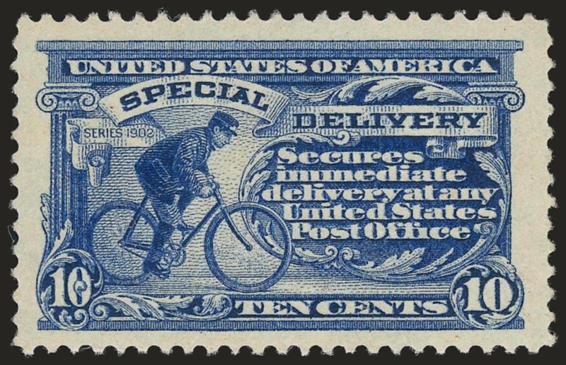10c Ultramarine, Special Delivery (E8).> Mint N.H., rich color and proof-like impression, Jumbo margins, fresh and Extremely Fine, with copy of 1992 P.F. and 2007 P.S.E. certificates (XF 90 Jumbo SMQ $580.00 as
90, $1,400.00 as 95)