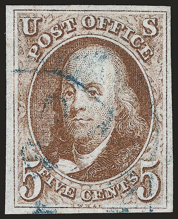 5c Red Brown (1).> Ample to large margins, deep rich color and clear impression, light <blue circular datestamp,> Very Fine and choice, with 2007 P.F. certificate (VF-XF 85 SMQ $710.00 with ordinary
cancel)