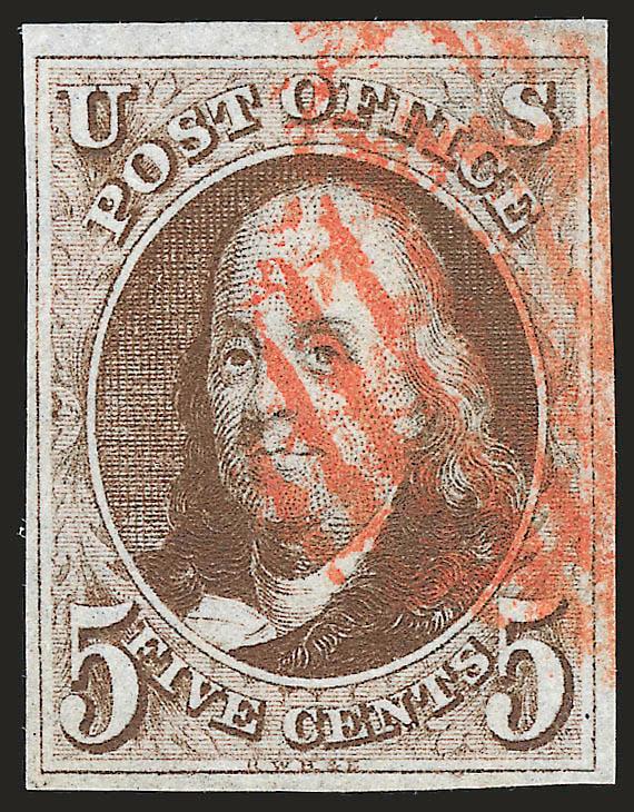 5c Brown (1 var).> Large margins to ample at left, rich color nicely complemented by red grid cancel, Very Fine
