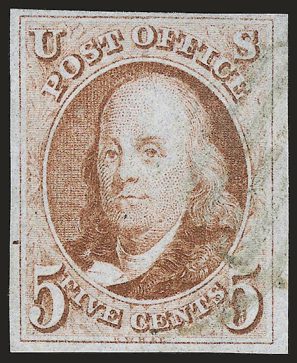 5c Red Brown (1).> Large margins to ample at top, bright color, light strike of <dull blue grid> cancel, faint indentation in paper from edge of cancel, Very Fine