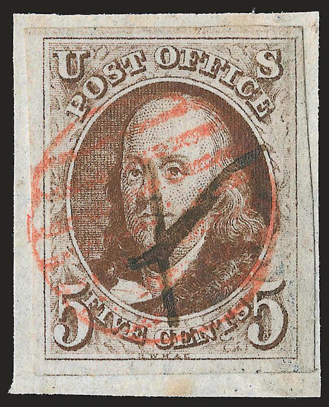 5c Red Brown (1).> Large to huge margins, cancelled by pen and tied by red grid on small piece, Extremely Fine