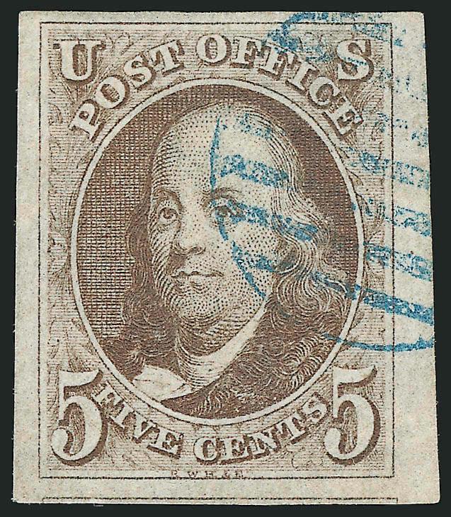 5c Dark Brown (1a).> Large margins all around incl. part of adjoining stamp at bottom and <sheet margin at right,> intense color and crisp impression, neat strike of <blue grid> cancel, P.F.C. mentions tiny
(dare we say imaginary?) thin at top righ