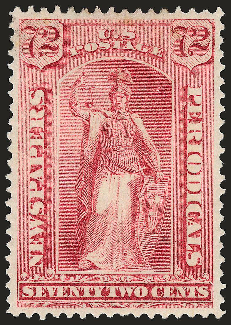 72c Rose, 1875 Issue (PR21).> Original gum, effectively perfectly centered, lovely bright color, Extremely Fine, arguably could be graded as 95 (no values listed for grades 95 and higher), with 2007 P.S.E.
certificate (XF 90 SMQ $2,250.00), this is
