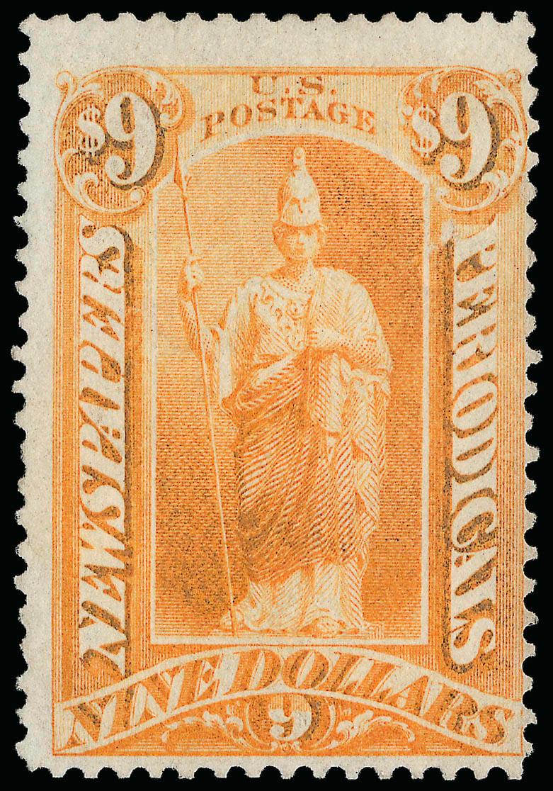 $9.00 Yellow, 1875 Issue (PR27).> Unused (no gum), reperfed at bottom and color somewhat oxidized, right perfs touch, with 2002 P.S.E. certificate which does not note the oxidation which evidently occurred
after issuance of the certificate