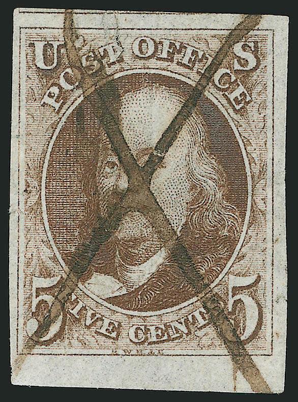 5c Dark Brown (1a).> Huge margins incl. <bottom sheet margin,> bold ms. X cancel, intense shade and impression from a very early printing (possibly First), sealed tear and tiny hole in paper not readily apparent
on face, Extremely Fine appearance,