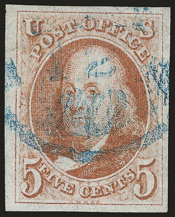 5c Orange Brown (1b).> Huge margins all around, brilliant color, <blue circular datestamp,> tiny thin speck at top, appears Extremely Fine