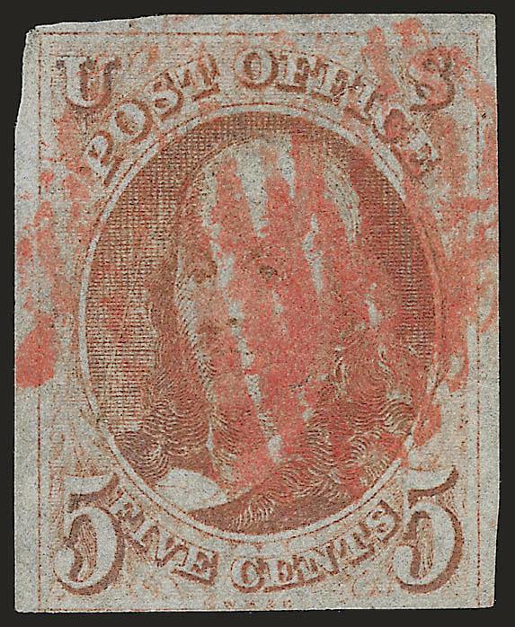 5c Red Orange (1c).> Large margins to just in at bottom, brilliant color, bold strike of red New York square grid cancel, natural pre-printing crease at left, Fine example of this rare shade, with 2000 P.F.
certificate