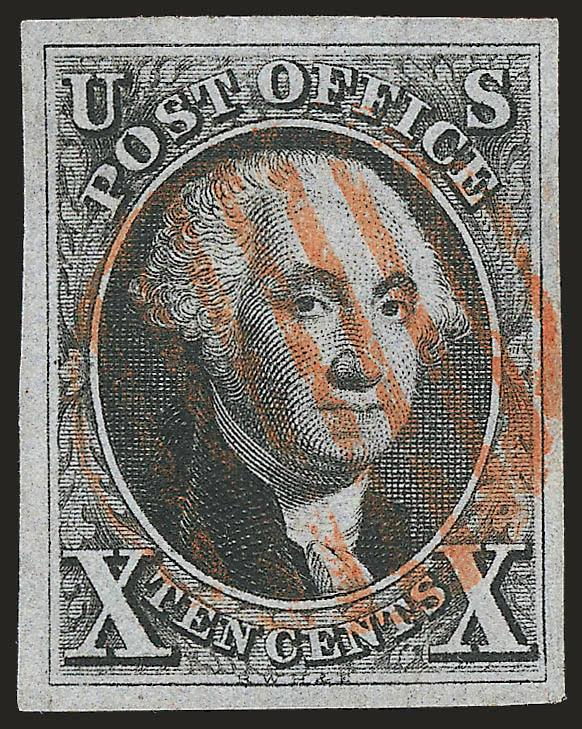 10c Black (2).> Large to huge margins, neat circular red grid cancel<><>^EXTREMELY FINE. A BEAUTIFUL LARGE-MARGINED 10-CENT 1847 ISSUE WITH RED GRID CANCEL.^<><>With 2006 P.S.E. certificate graded VF-XF 85,
which leaves us scratching our heads (a