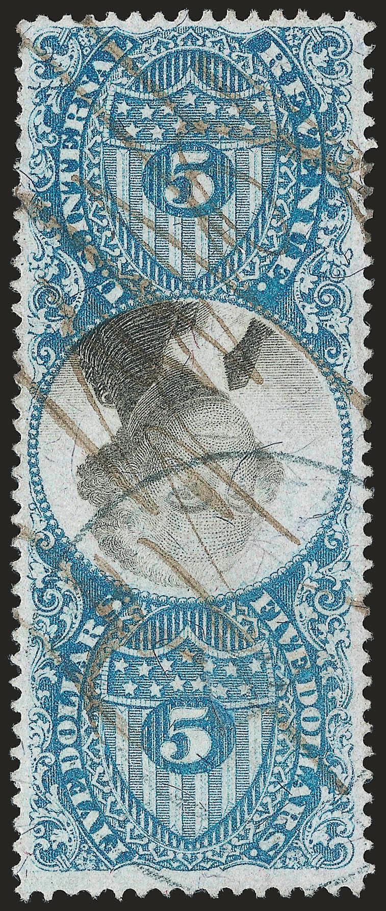 $5.00 Blue & Black, Inverted Center (R127a).> Exceptionally well-centered, ms. and blue handstamp cancels, also filled punch, Very Fine appearance