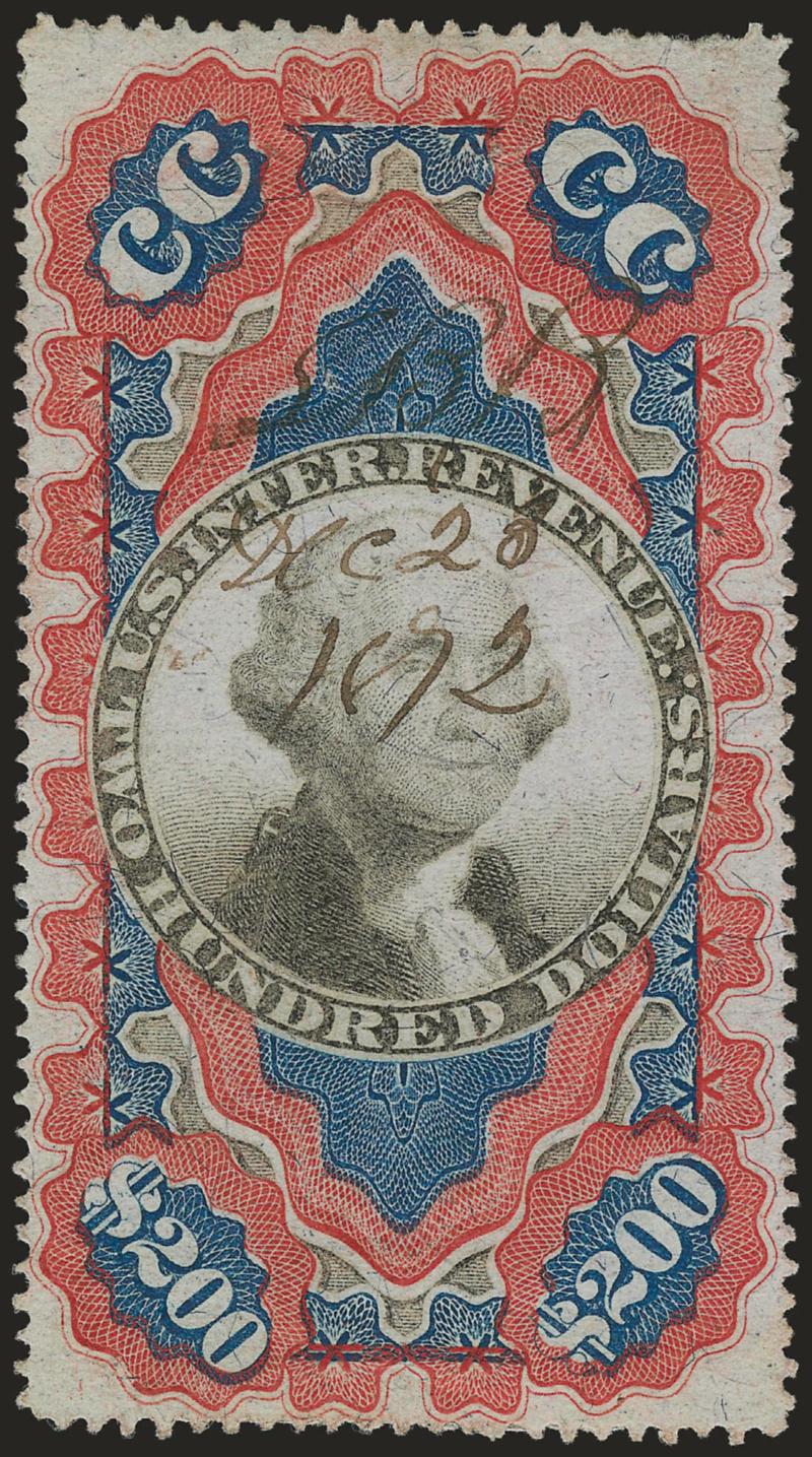 $200.00 Red, Blue & Black, Second Issue, Small Persian Rug (R132).> Attractively centered, neat 1872 ms. cancel, couple short perfs at top<><>^VERY FINE APPEARING EXAMPLE OF THE $200.00 SMALL PERSIAN
RUG.^<><>This spectacular Revenue rarity is