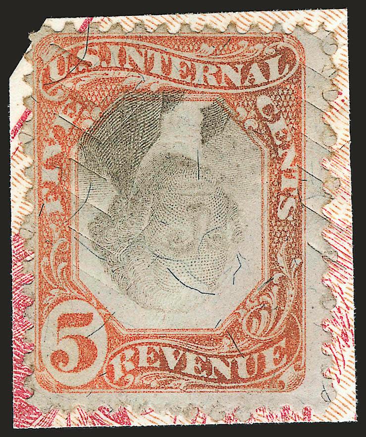 5c Orange & Black, Third Issue, Inverted Center (R137a).> On small original piece of document, trifle heavy cut cancel, otherwise Fine, a handsome example of this rare Third Issue Invert