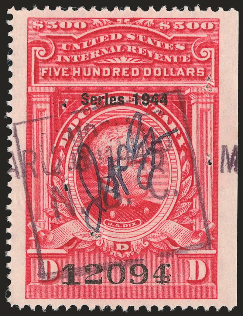 $500.00 Carmine, Series of 1944 (R409).> Well-centered, neat handstamp and ms. cancels, uncut but with three pairs of tiny staple holes, otherwise Very Fine, scarce